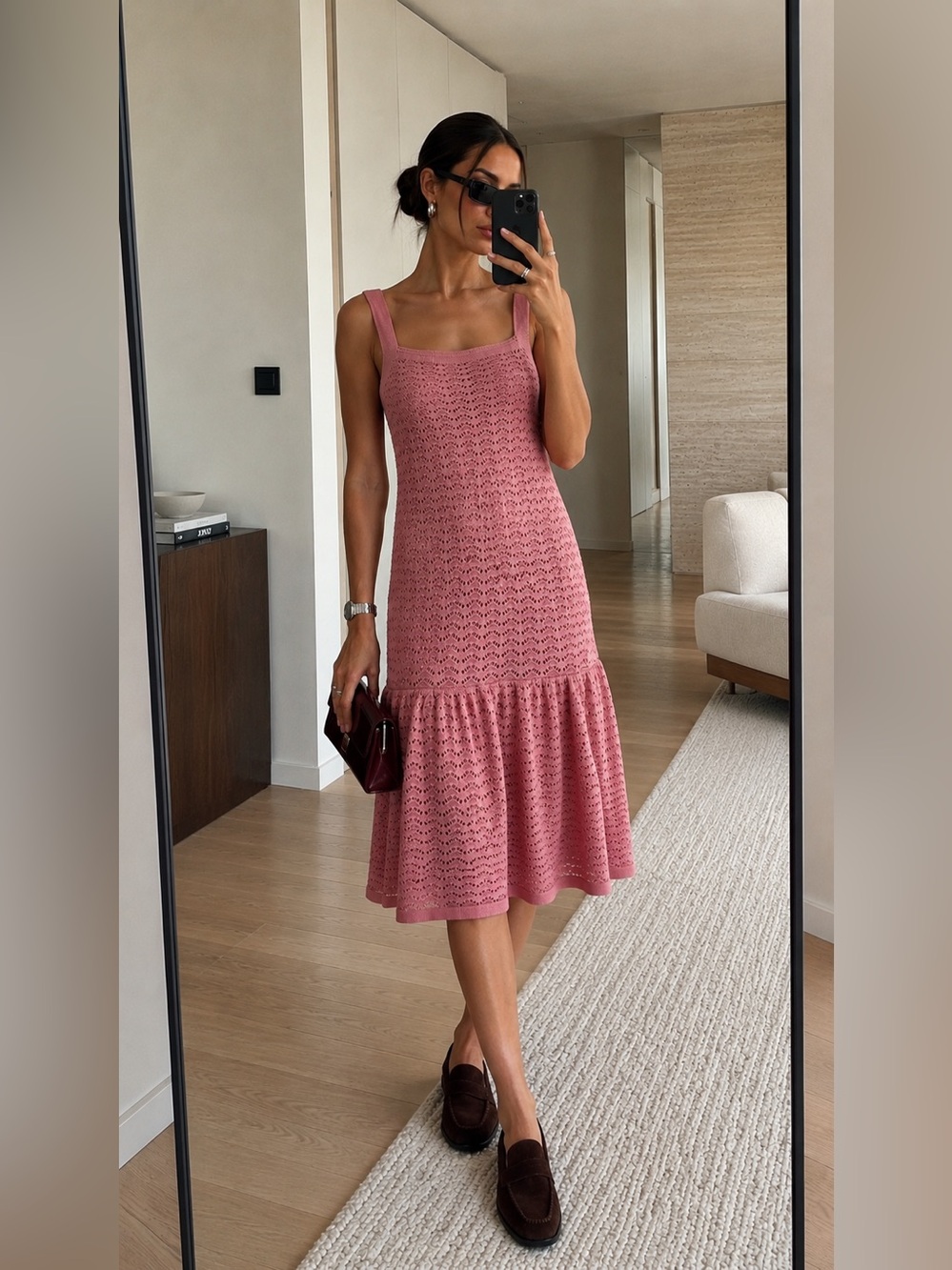 Toa Beachwear Japan Pink Crochet Knit Drop Waist Midi Dress Size M